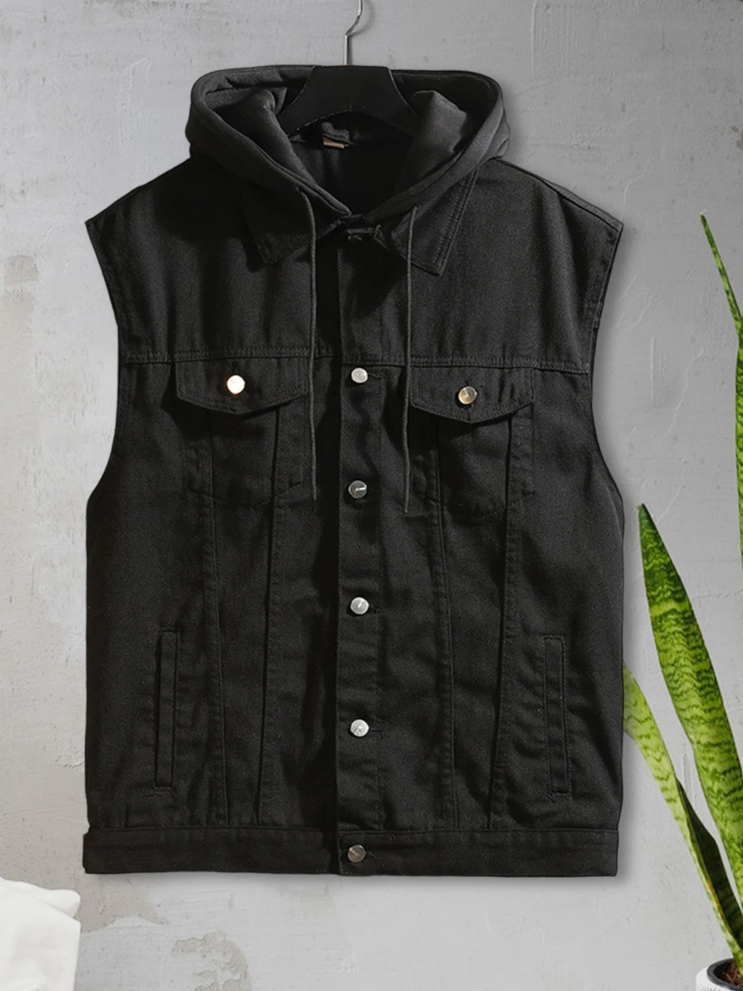 Men s Sleeveless Denim Vest with Hood and Pockets Casual Button Up Contrast Color Jean Jacket for Warmth and Style