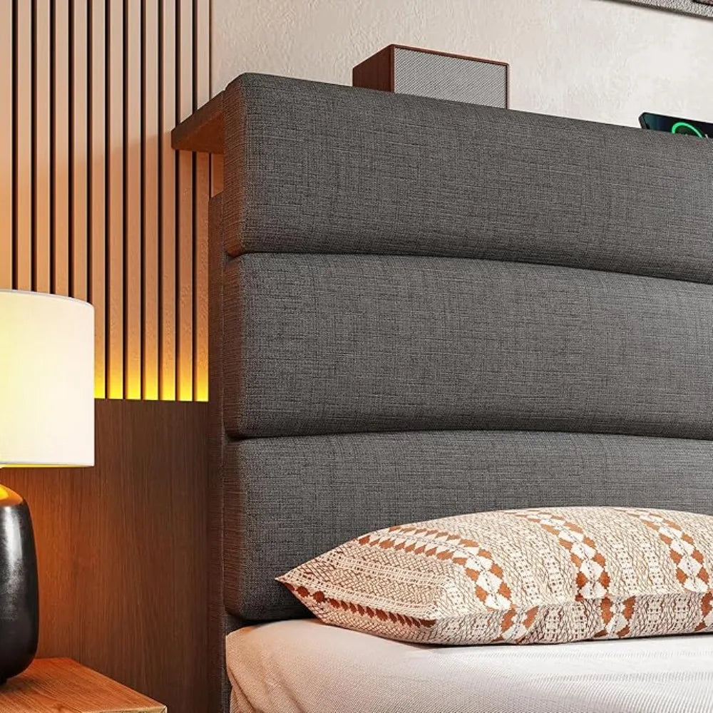 Queen Bed Frame w/Fabric Upholstered Headboard, Storage Headboard & Charging Station, Wooden Slats Support, No Box Spring Needed