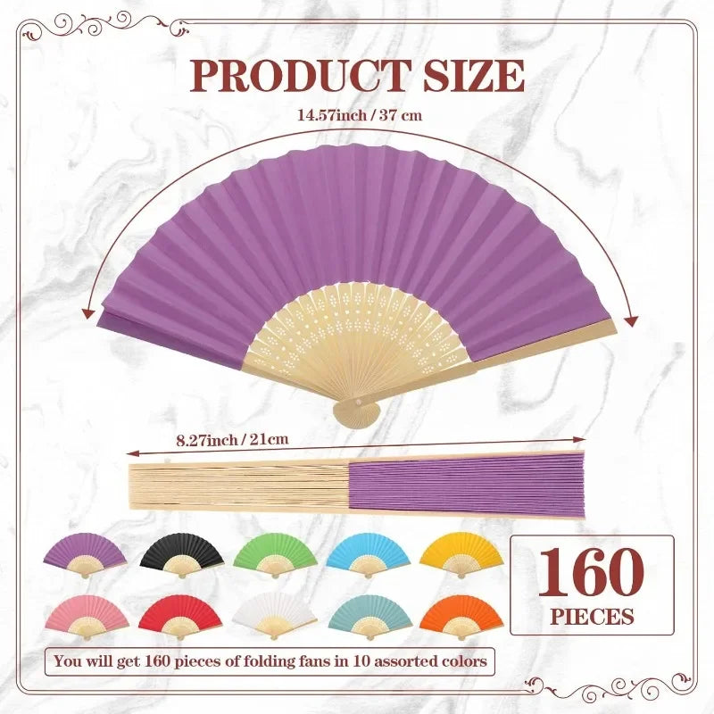Bamboo Folding Fans 160 Count, Handheld Wedding Favors for Bridal Party, Chinese Festival & Decorations