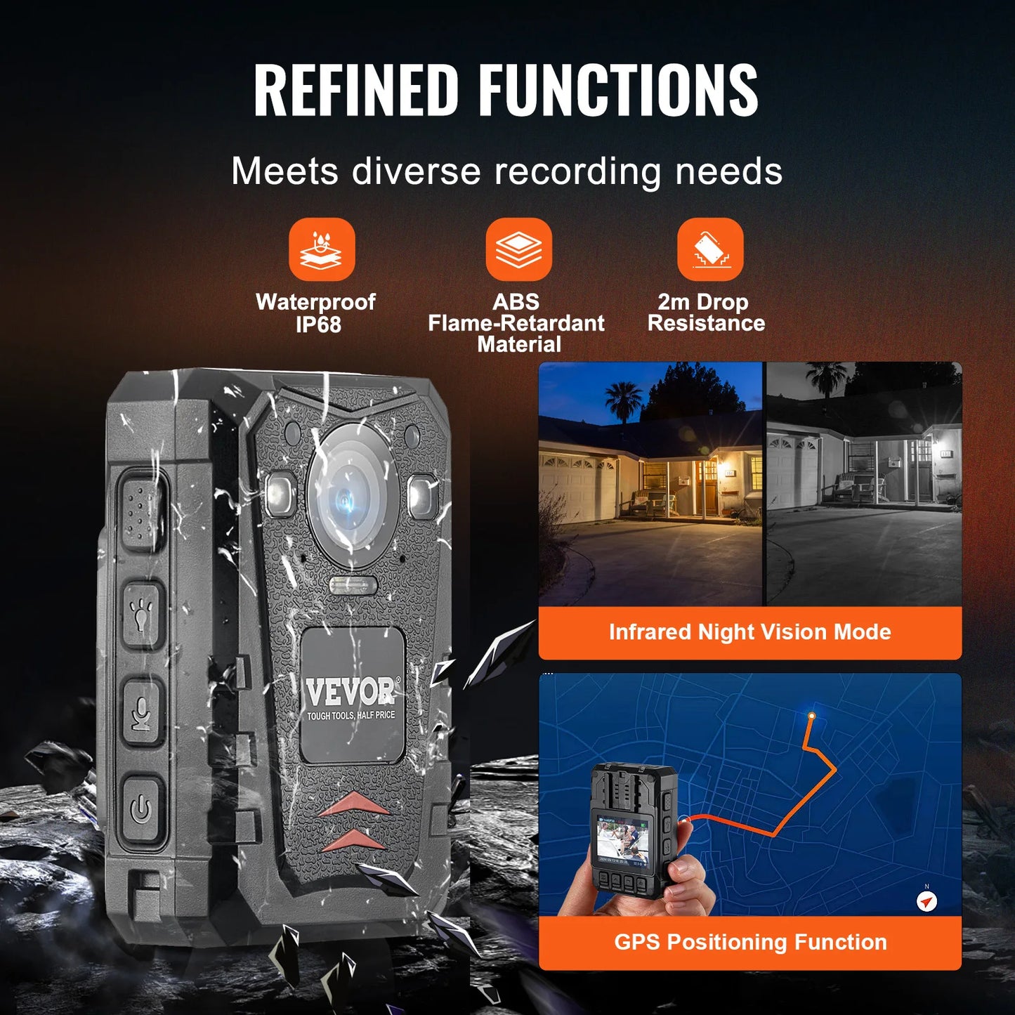 VEVOR 1440P HD Police Body Camera 128GB with Audio Video 2.0 Inch LCD Infrared Night Vision Waterproof GPS for Law Enforcement