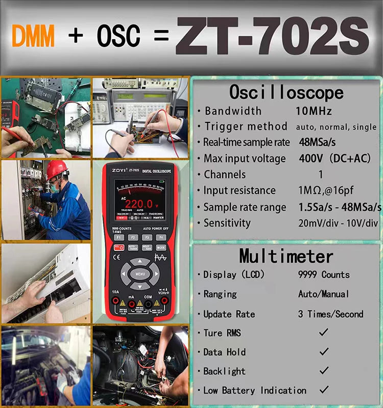 ZOYI ZT-702S 2 in 1 Handheld Digital Automotive Oscilloscope Multimeter Single Channel 10MHz Bandwidth 64Kbyte Record Length
