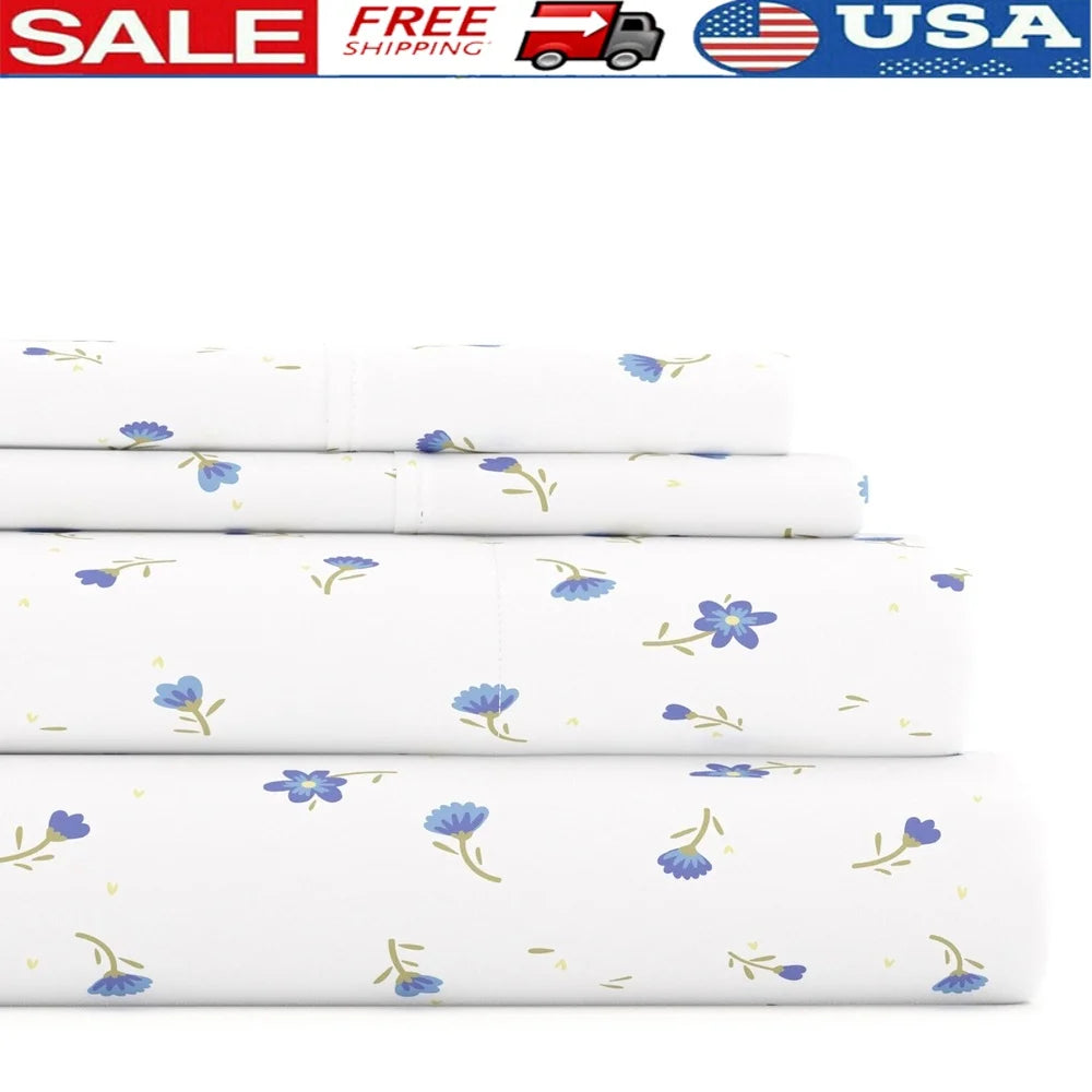 4 Piece Light Blue Floral Microfiber Bed Sheets Set Queen Deep Pocket Hypoallergenic Soft Durable Easy Care