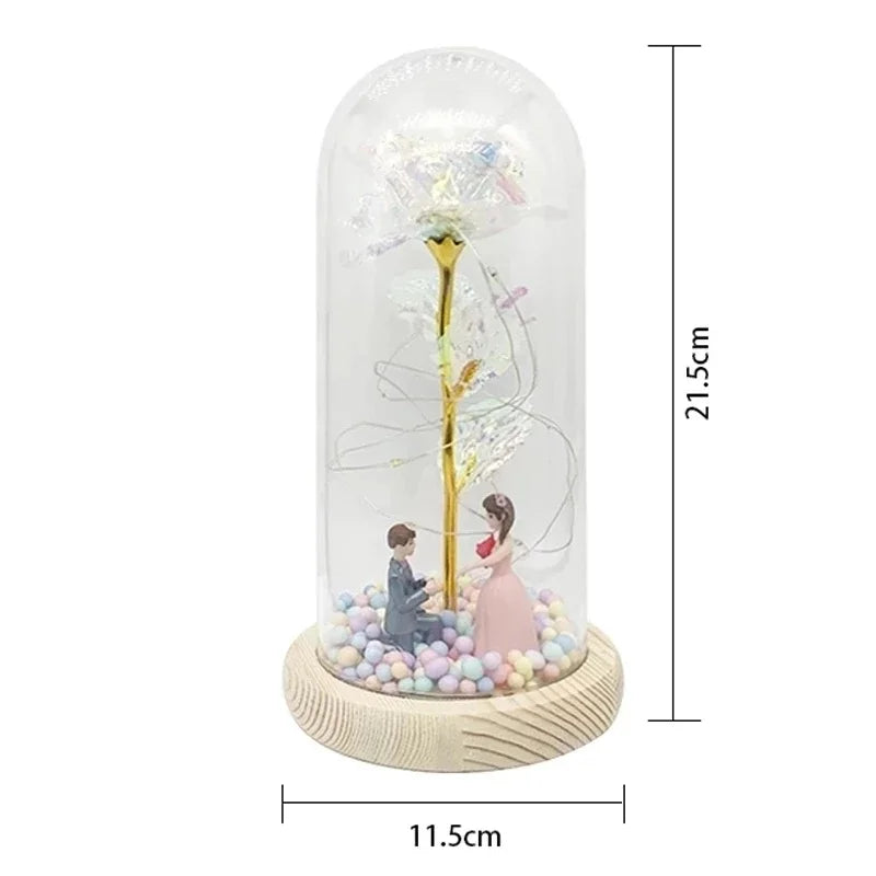 Valentine's Day Artificial Flower 24k Gold Foil Eternal Rose In Glass With Lights Decor For Home Birthday Gift Mother's Day Gift