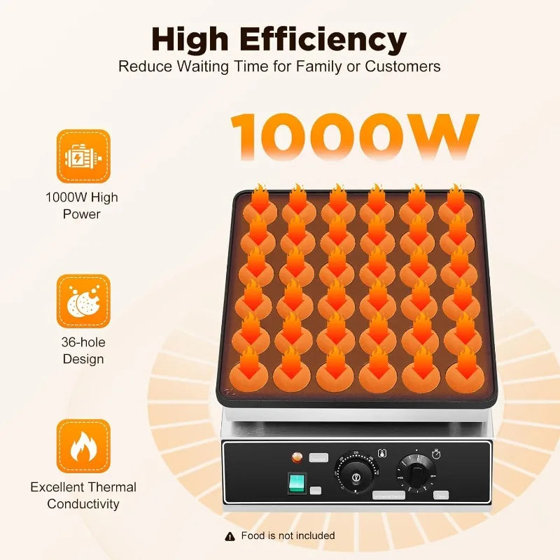 1000W 36 Grid Mini Pancakes Maker Machine, Nonstick Dutch Pancakes Muffins Baking Machine, Commercial Mini Electric Waffle Maker