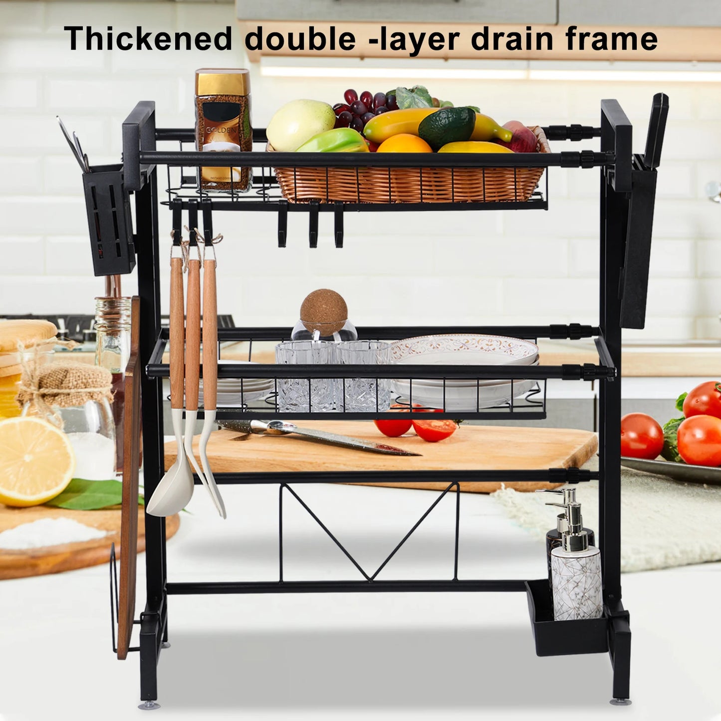 2 Tier Kitchen Storage Shelf Over Sink Stretchable Bowl Draining Rack Multifunctional Dish Knife Spoon Organizer Set