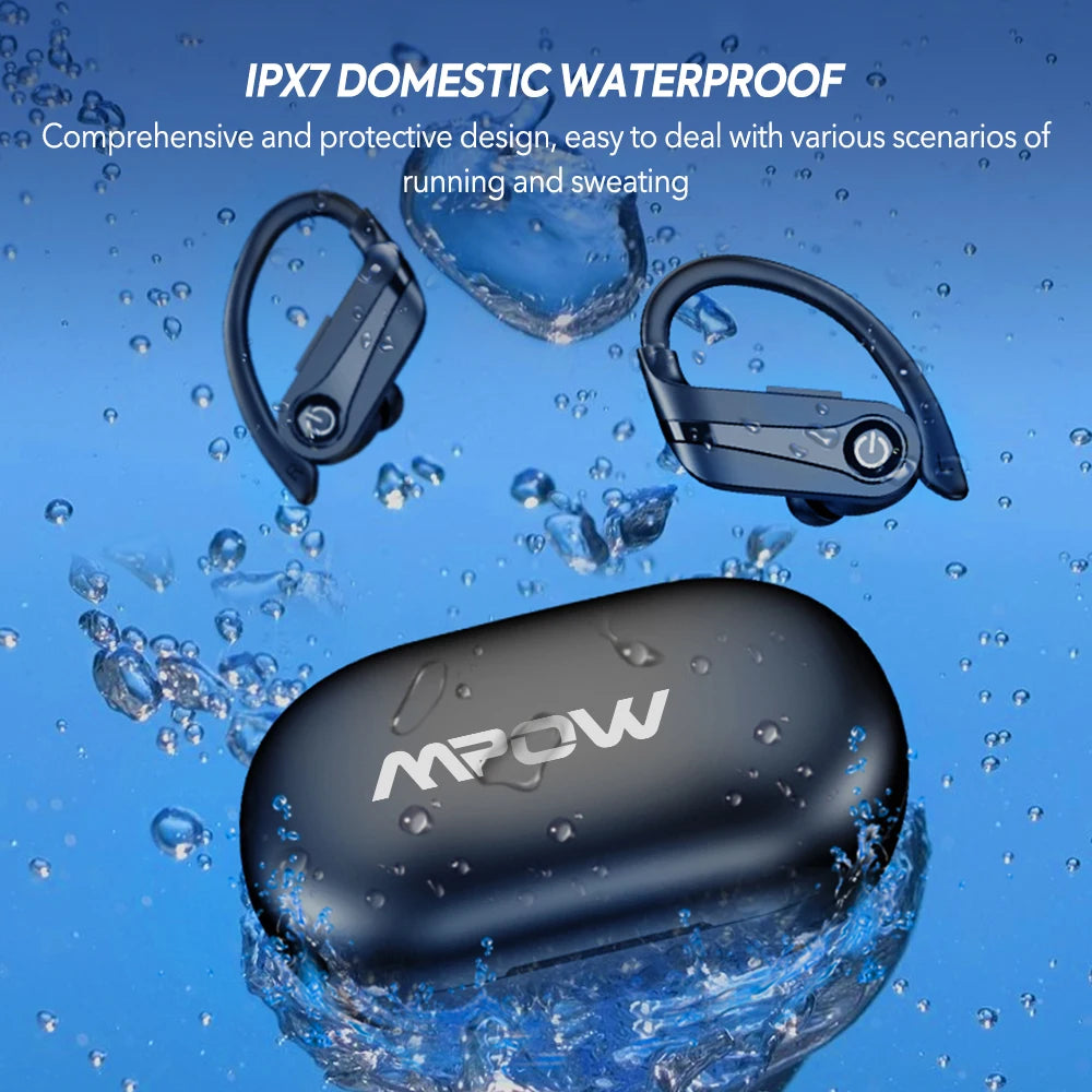Mpow Q63 Bluetooth 5.3 Wireless Earbuds with Mic IPX7 Waterproof 200 Hours Earphones with Hooks for Sports Running Workout Gym