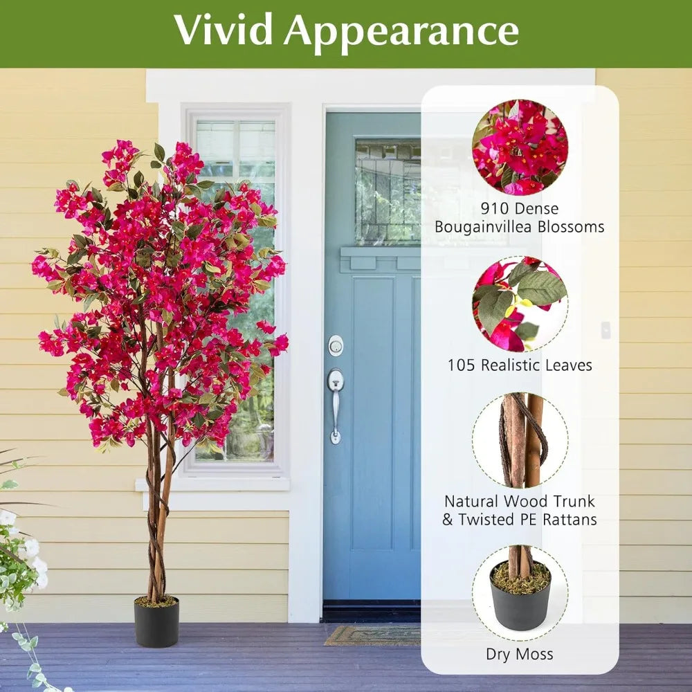 6-Foot Bougainvillea Artificial Trees, Set of 2 with 910 Flowers and 105 Leaves, Real Wood Trunk, Tall Faux Flower Trees in Pot