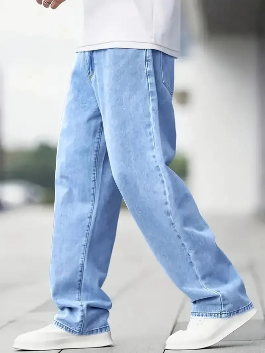 Men's Vintage Street Style Loose Fit Cotton-Blend Jeans - Non-Stretch Washed Details, Solid Color Regular Length Pants with Pock