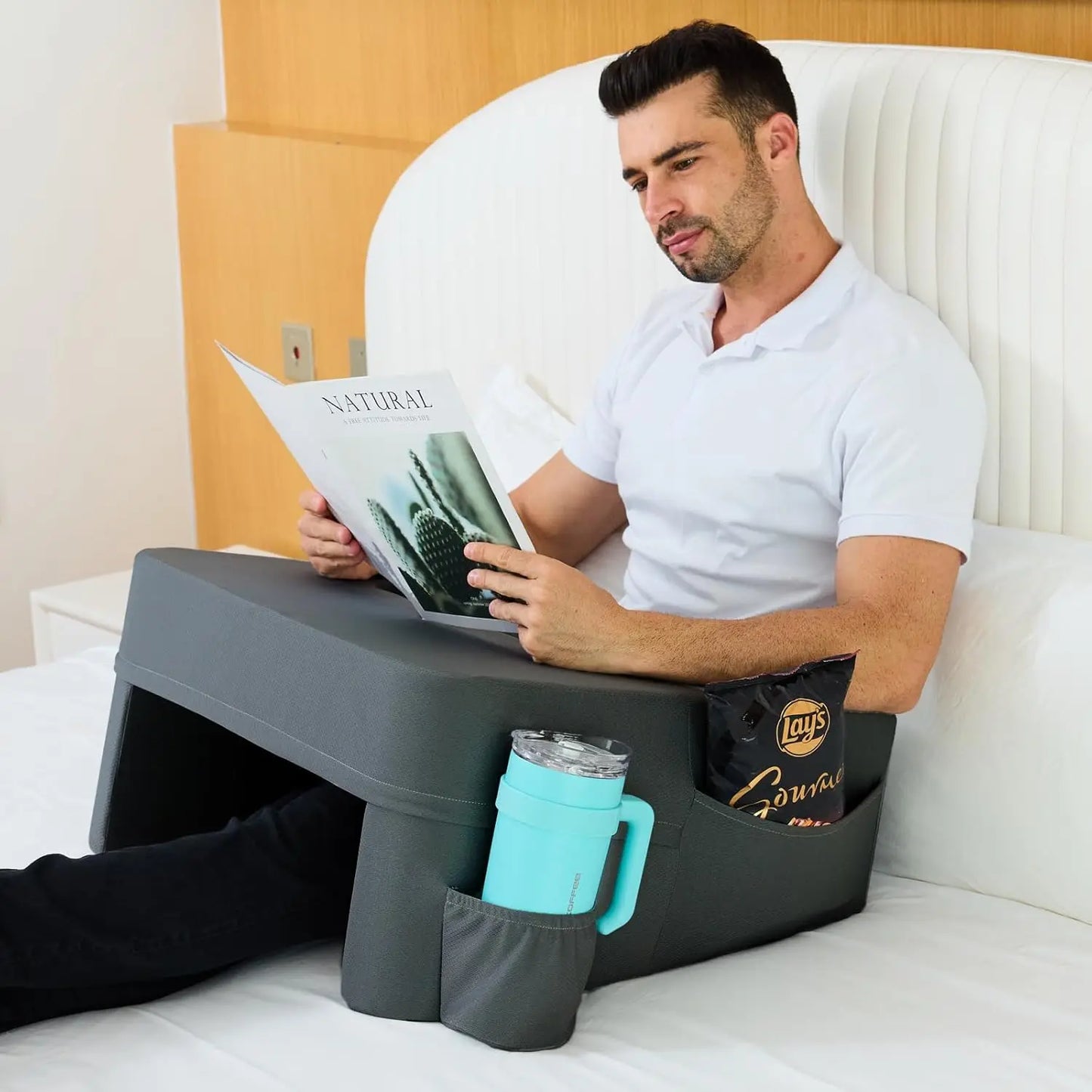 Reading Pillow for Bed,Reading Pillows for Sitting in Bed Adult with Cup Holder Pocket,Comfort Laptop Lap Desk for Couch