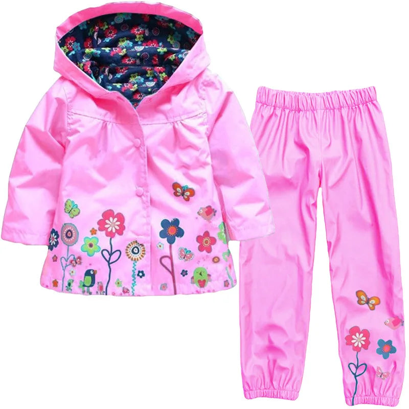 Autumn Spring Children Waterproof Long Sleeve Coat+Pants 2pcs Flower Print Baby Girls Clothes Toddler Boys Children Sets Costume