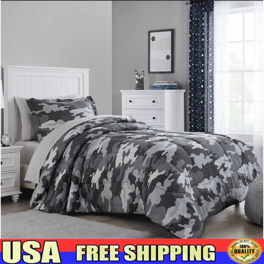 5 Piece Kids Camouflage Bedding Set Twin Comforter Shams Sheets Pillowcase Storage Bag Soft Microfiber Reversible Durable Easy