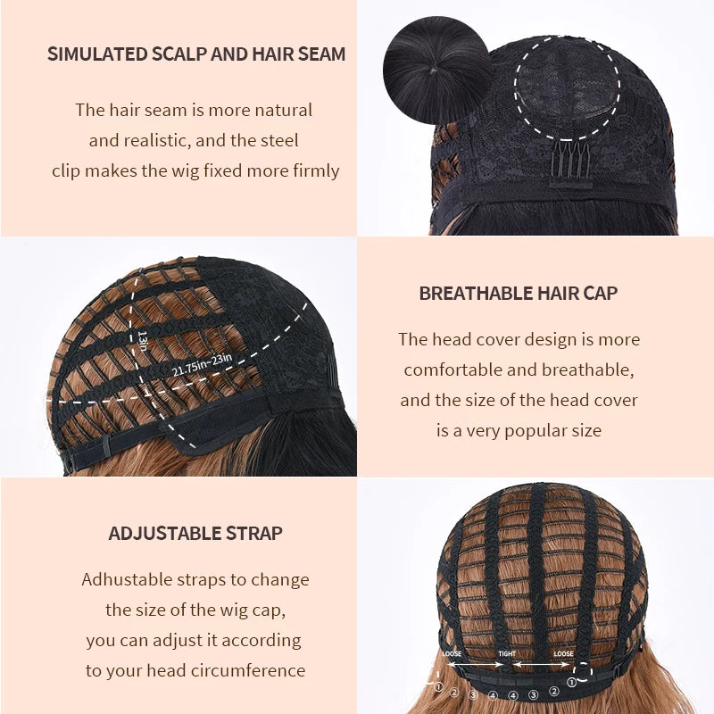 Women Ombre Brown Bob Synthetic Wig Black To Brown Short Wavy With Bangs Shoulder Length Daily Use