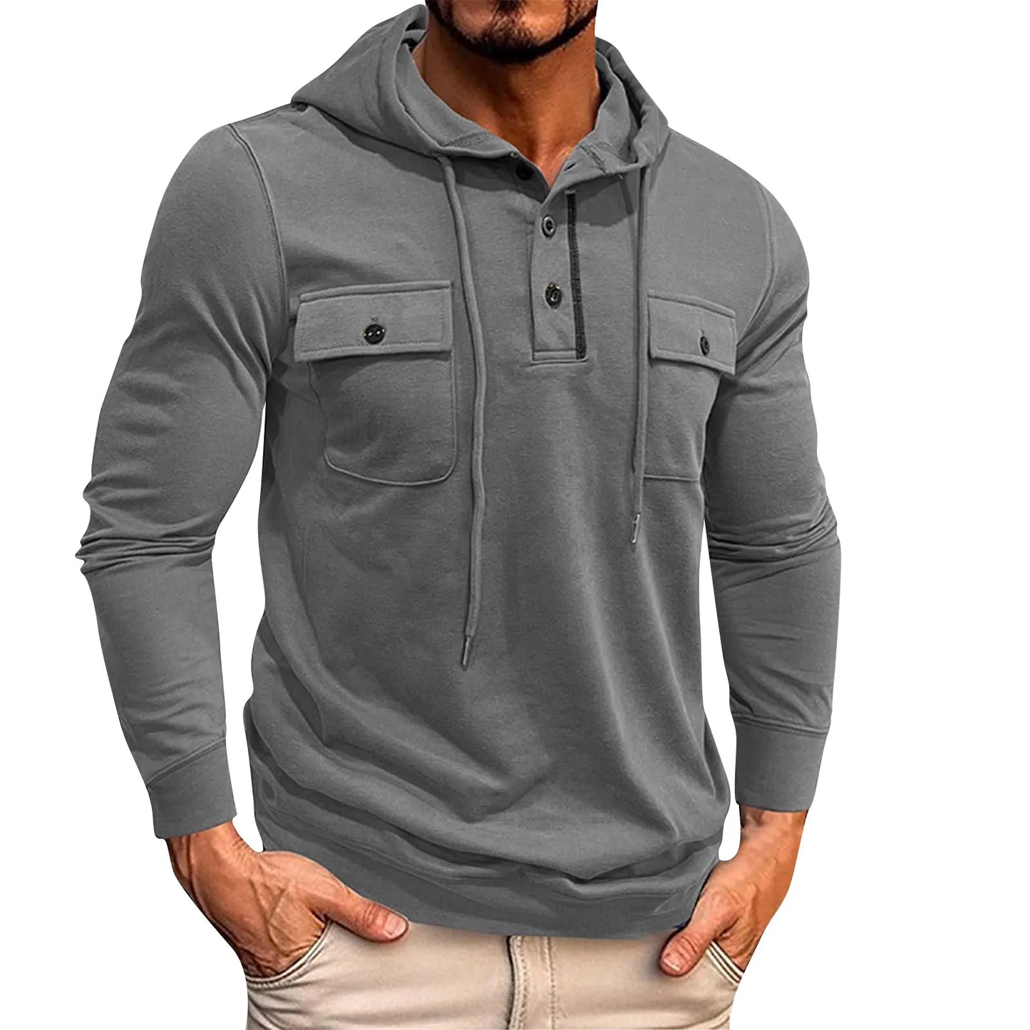 Men Casual Patchwork Pockets Hoodie Streetwear Mens Hoodies 2024 Fall Fashionable Solid Color Long Sleeve Hooded Sweatshirts For