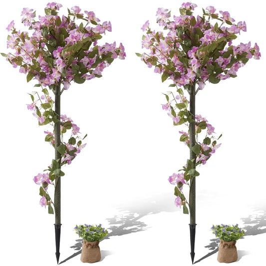 Artificial Bougainvillea Tree, Set of 2 Flower Plants Artificial Tree, Faux Floral Plant Blooming Bush with Spike, 48 Large