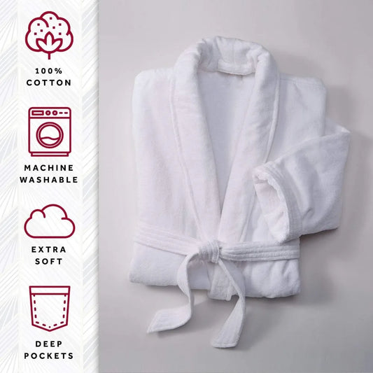 Terry Velour Bathrobe - Luxury 100% Cotton Hotel Spa Robe - Plush, Absorbent, Machine Washable - Shawl Collar, One Size