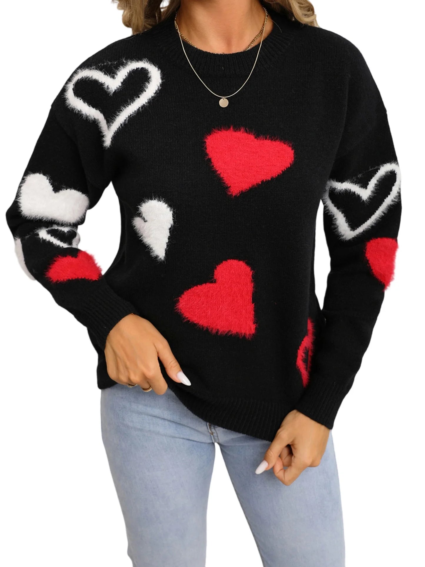 Valentine s Day Women s Sweater with Heart Pattern Long Sleeve Round Neck Knit Pullover Top for Winter Wear