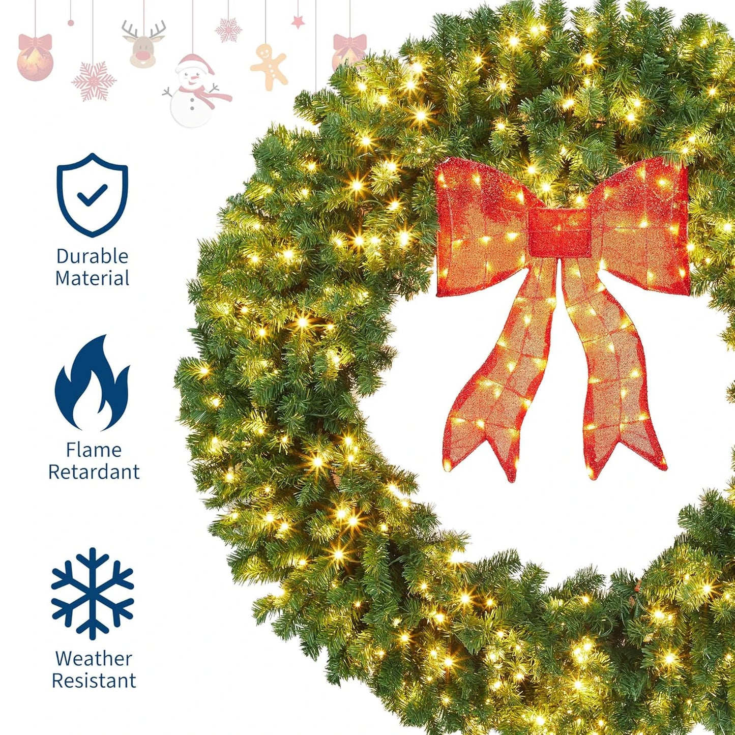 Artificial Christmas Wreath with Bow, Pre-Lit Winter Wreath with LED Light, Indoor Outdoor Holiday Xmas Decorations