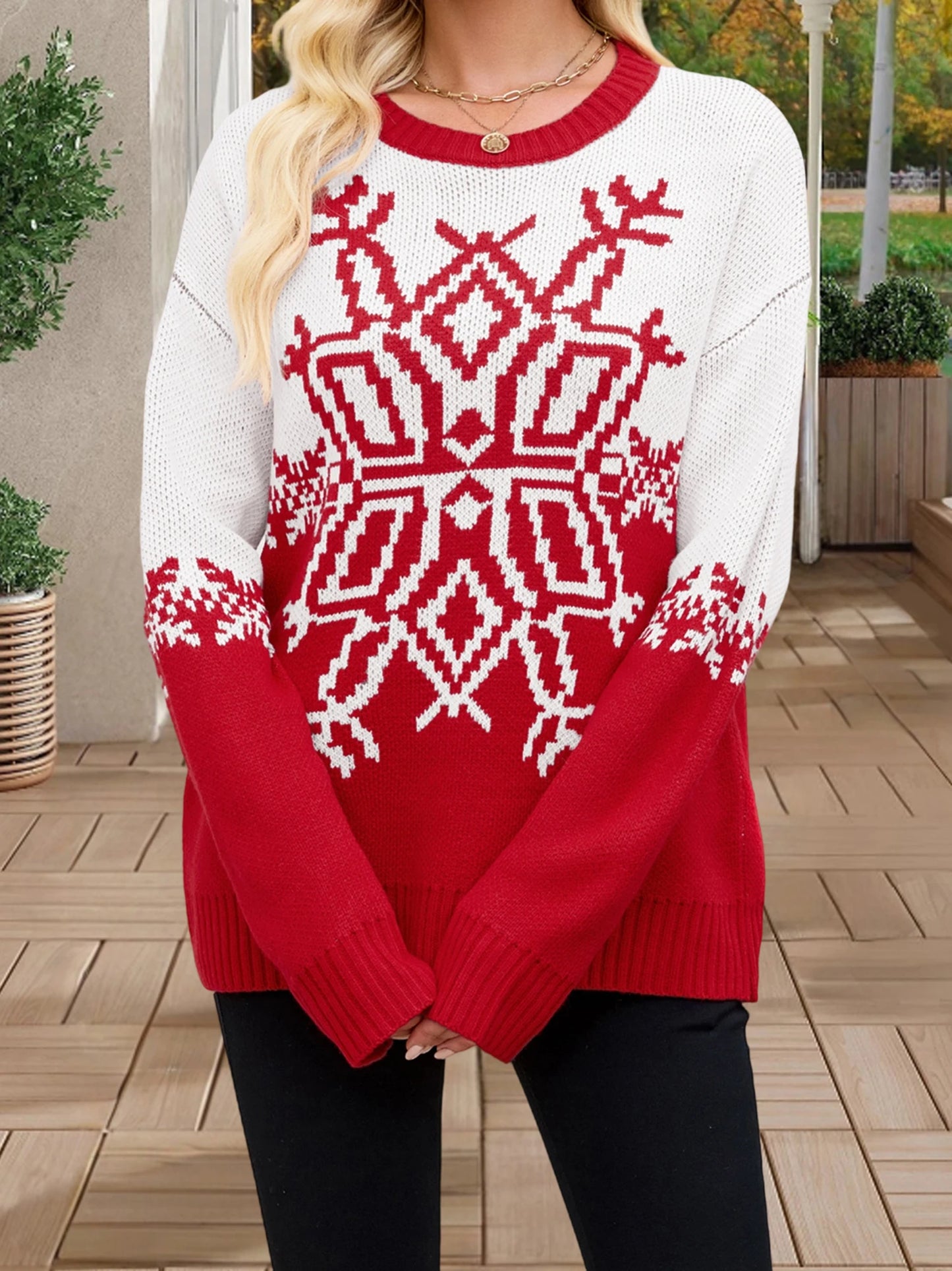 Women s Winter Cozy Sweater Adorable Reindeer Patterned Long Sleeve Crew Neck Knit Jumper Holiday Pullover