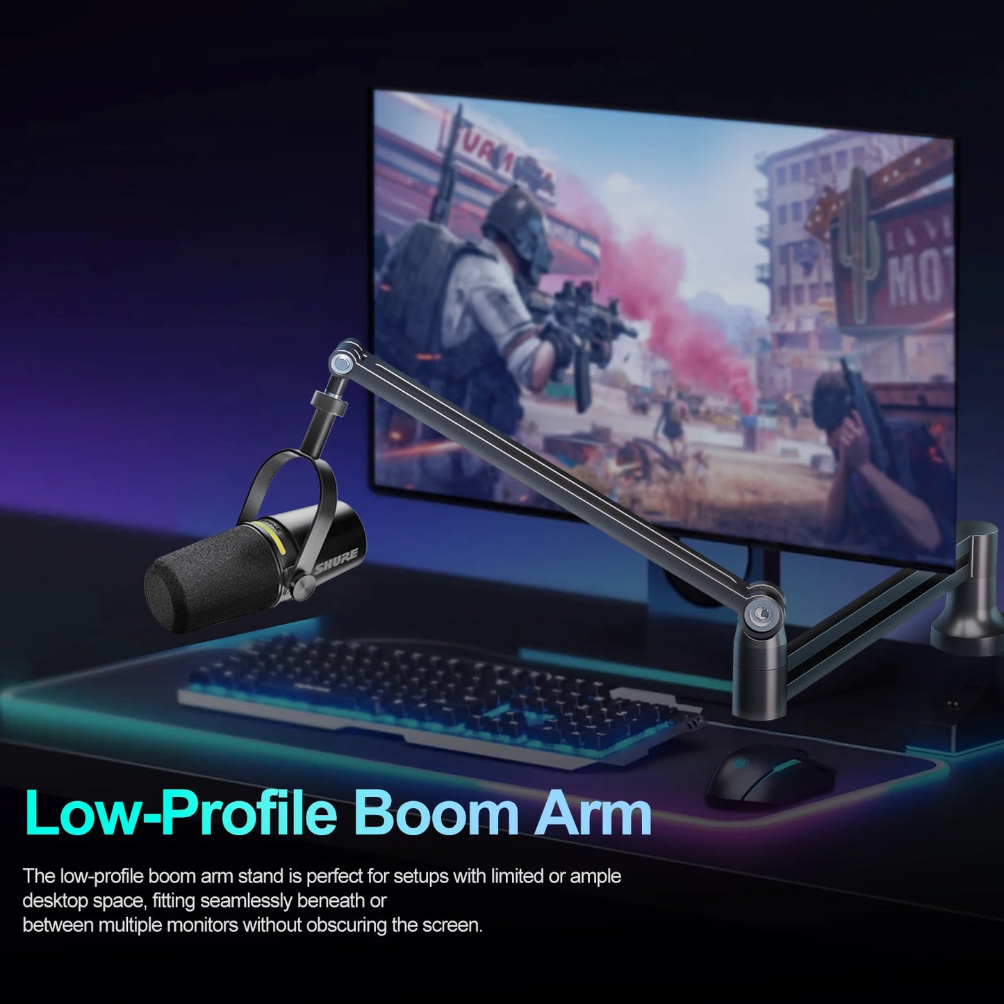 Boom Arm 360 Degree Rotatable Low Profile Microphone Stand Foldable Mic Arm Holds Up to 1.5kg with 3/8 Inch to 5/8 Inch Screw Adapter