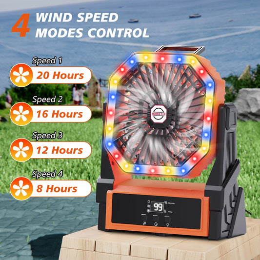 20000mAh USB Rechargeable Camping Fan 4 Speeds 360 Degree Hanging Hook Fan with LED Lights Remote Control for Outdoor Use