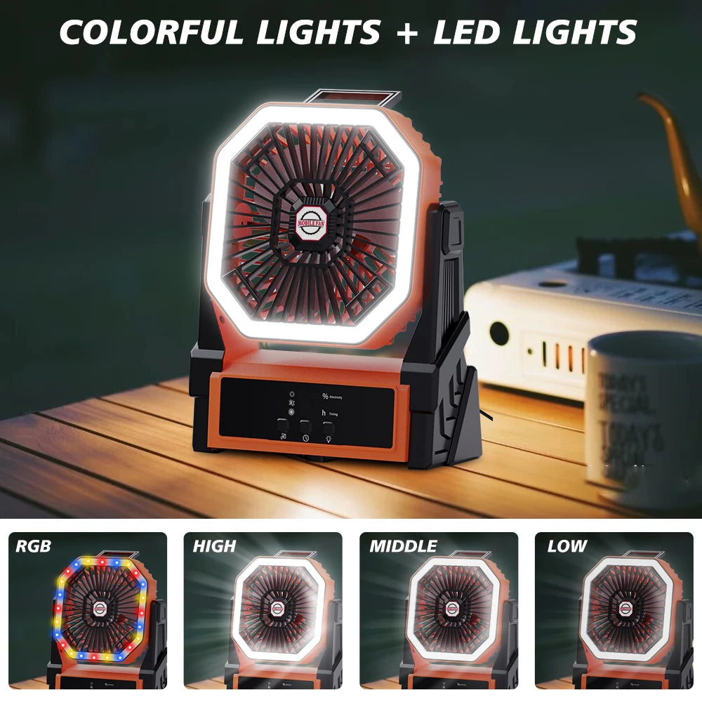 20000mAh USB Rechargeable Camping Fan 4 Speeds 360 Degree Hanging Hook Fan with LED Lights Remote Control for Outdoor Use