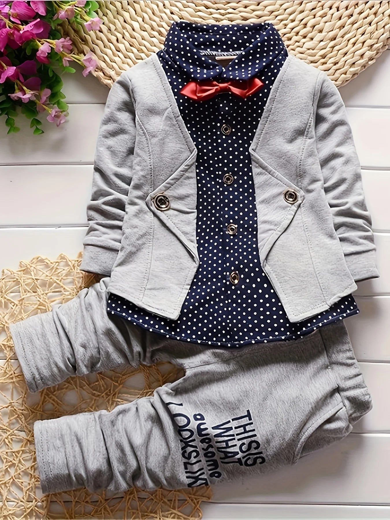 New Spring and Autumn Boys' Fashion Casual Polka Dot Leads Fake Two piece Top, Men's Baby Pants Two piece Set