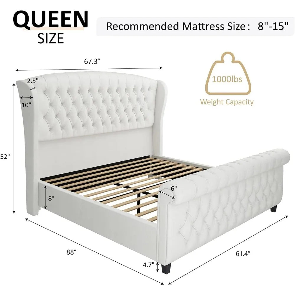 AMERLIFE Queen Size Platform Bed Frame: Chenille Upholstered Elegance with Scroll Wingback Headboard and Button Tufted Details