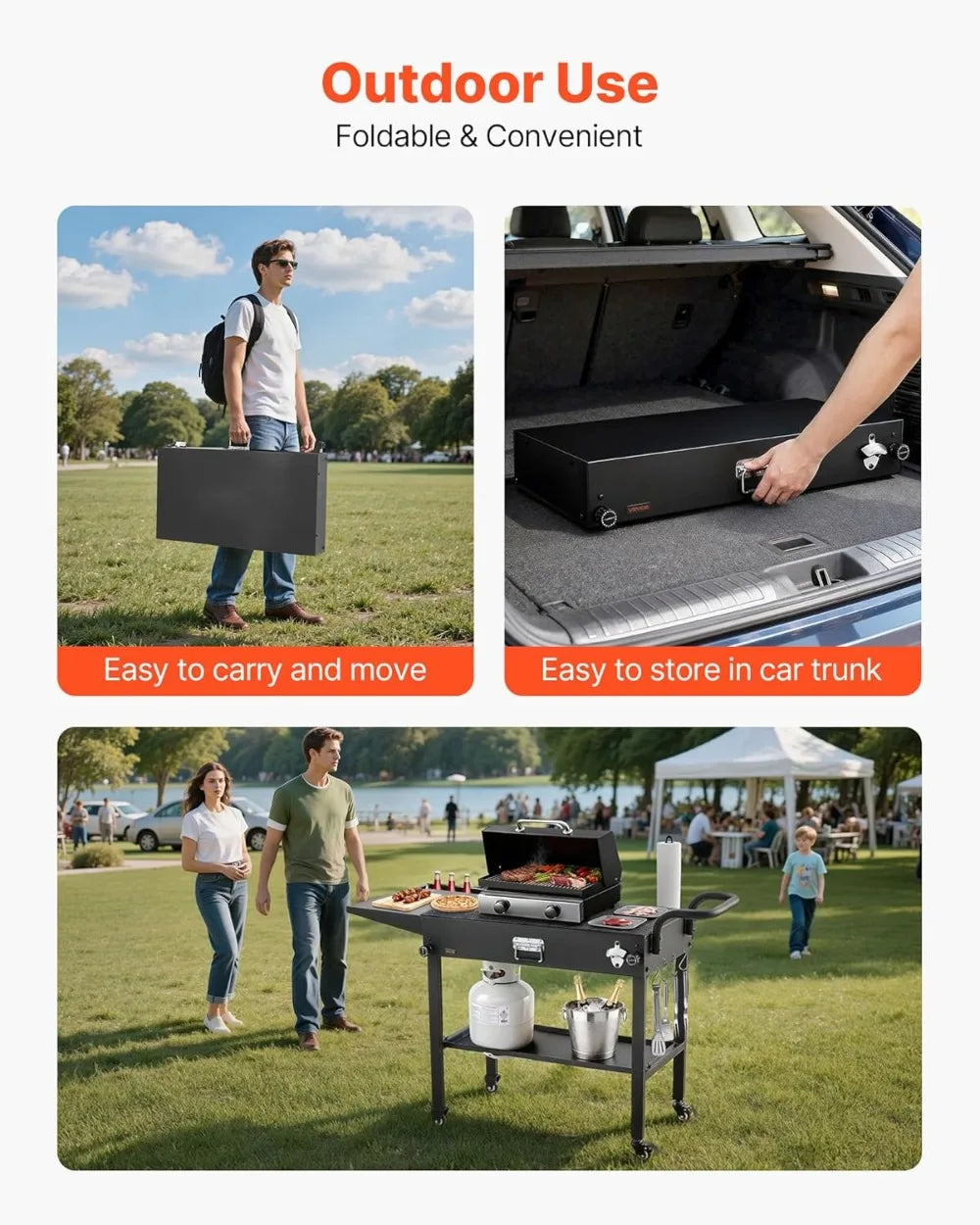 Outdoor Grill Cart, 31x17in Foldable BBQ Table with Wheels, Side Table, Tissue Holder, Hooks, for Picnic Kitchen