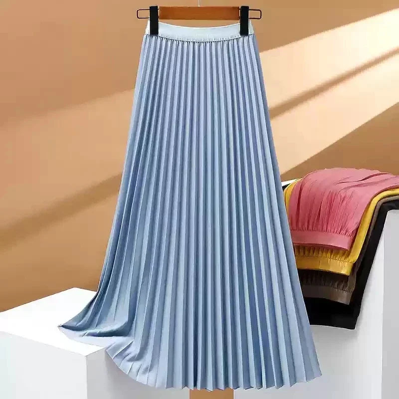 2025 Women Elegant Pleated Skirt High Waist Women Mid-long Skirt Female Ladies High Quality Women Midi Skirt Black Saia