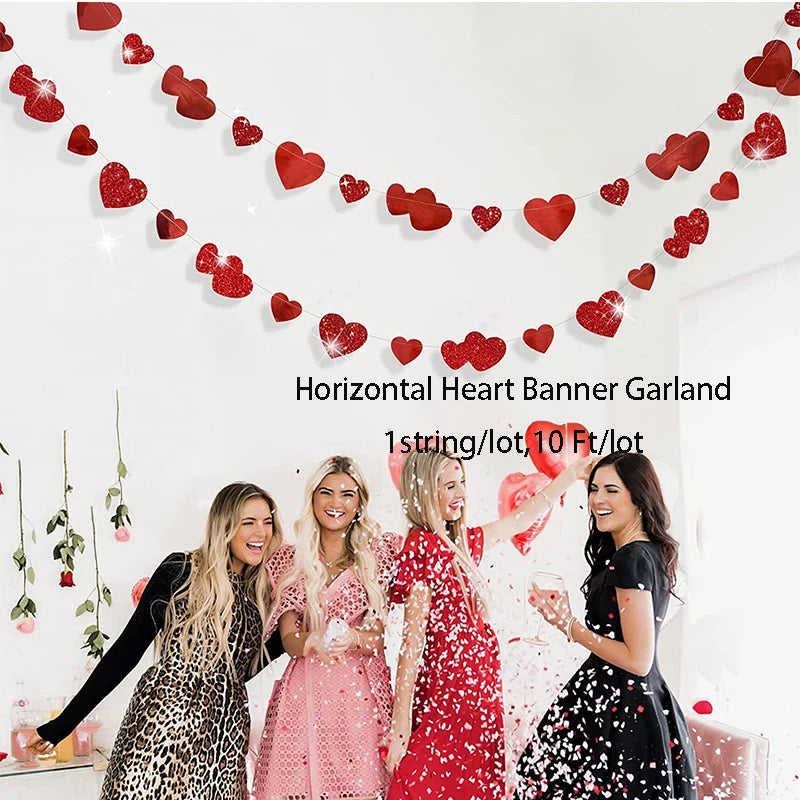 Glitter Red Wedding Decoration Heart Banner Garlands Hanging Streamers for Anniversary Engagement Bridal Shower Birthday Party