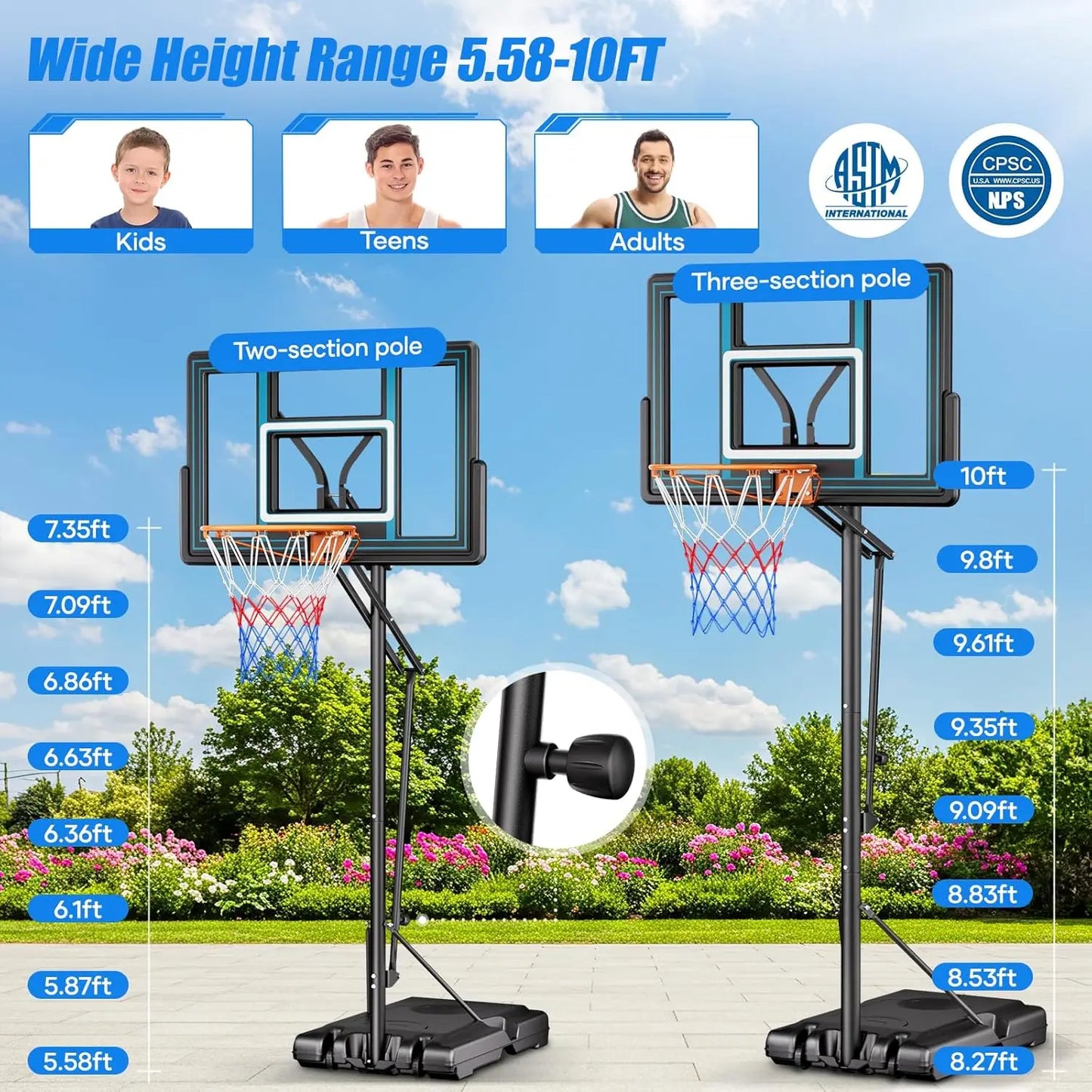 44" Portable Basketball Hoop Outdoor | 5.5-10ft Stepless Adjustable Height Basketball Goal System for Driveway,, Customized