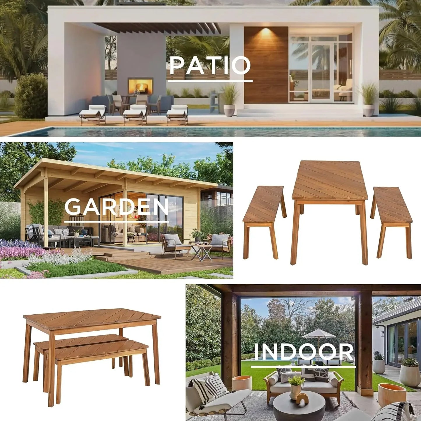 3 Pieces Acacia Wood Table with 2 Benches Dining Set Outdoor Indoor Furniture, Picnic Beer for Patio, Porch, Garden, Poolside -