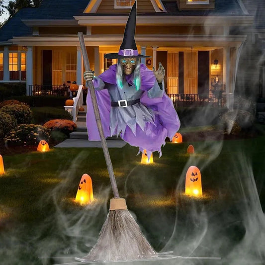 Flying Witch Decoration with Terrifying Sounds and Lights Halloween Props for Garden Yard Lawn Indoor
