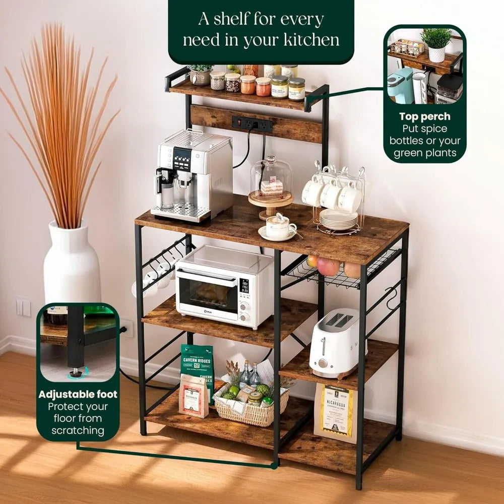 Kitchen Bakers Rack with Power Outlet & Hangers - 35.5x15.7x51.6 Kitchen Storage Rack Useful as Microwave Stand, Coffee Station