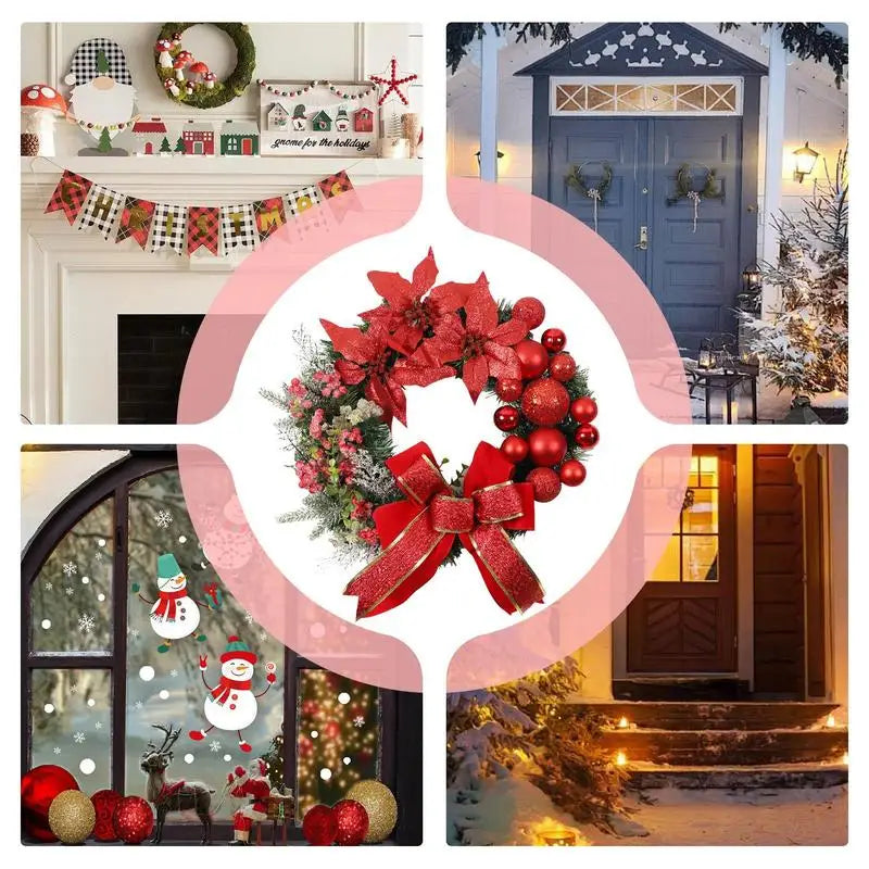 45CM Christmas Front Door Wreath Artificial Pine Needle Winter Wreaths Poinsettia Flowers Holiday Wreath with Ball Ornaments