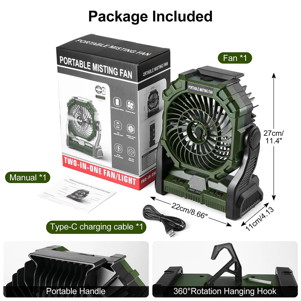 Wireless Camping Fan with 4 LED Color Light Control and 360 Degree Rotation Portable Misting Humidifier
