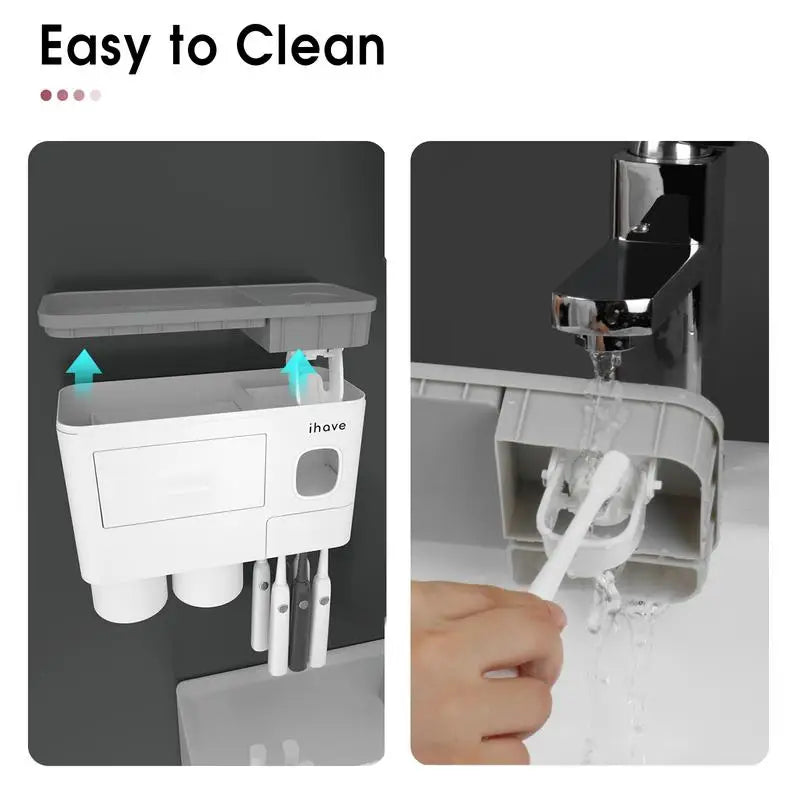 Ihave Toothbrush Holders for Bathrooms 2 Cups Toothbrush Holder Wall Mounted with Toothpaste Dispenser Large Capacity Tray