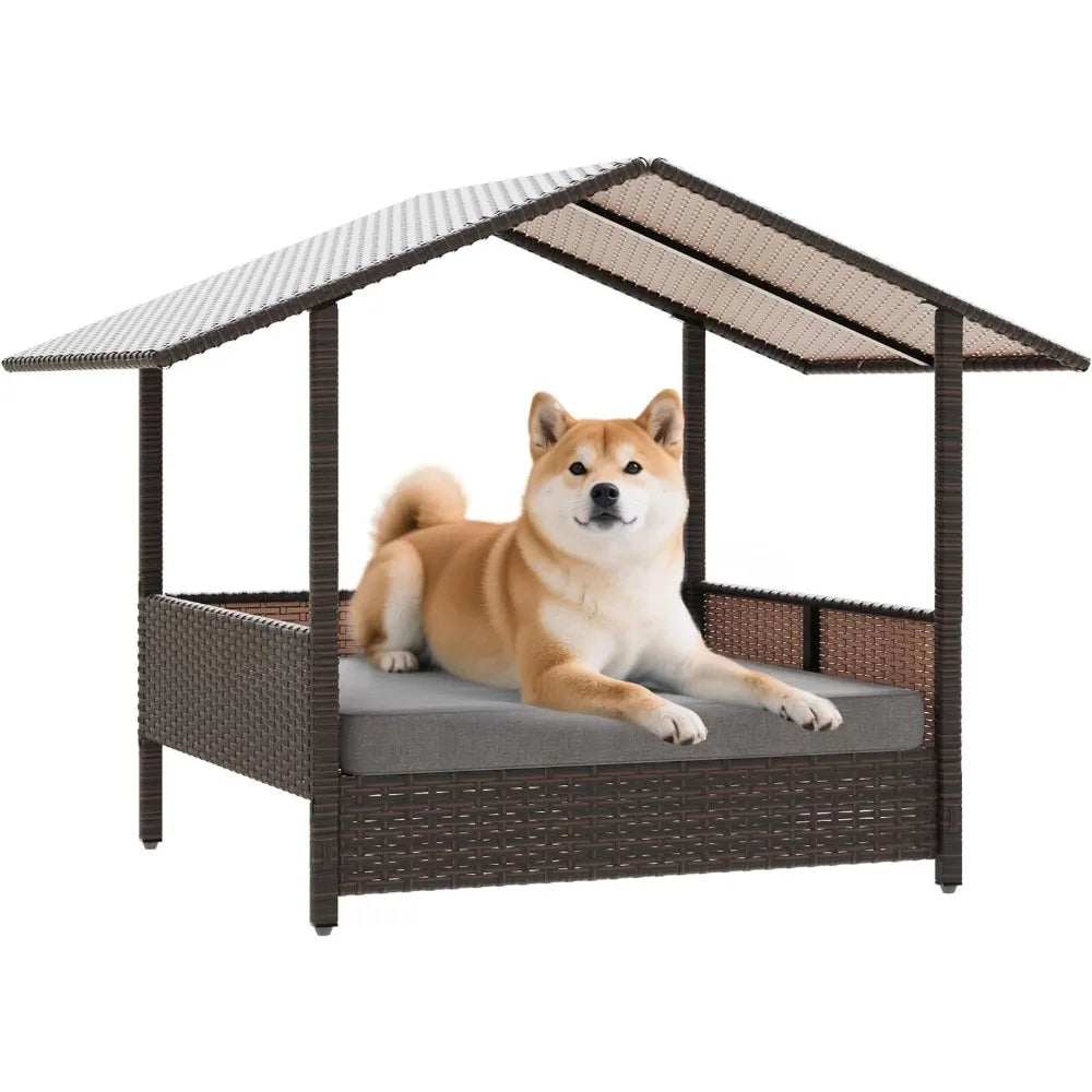 Wicker Dog Bed House for Small Medium Large Dogs Outdoor Indoor Rattan Pet Home Elevated Shelter with Cushion