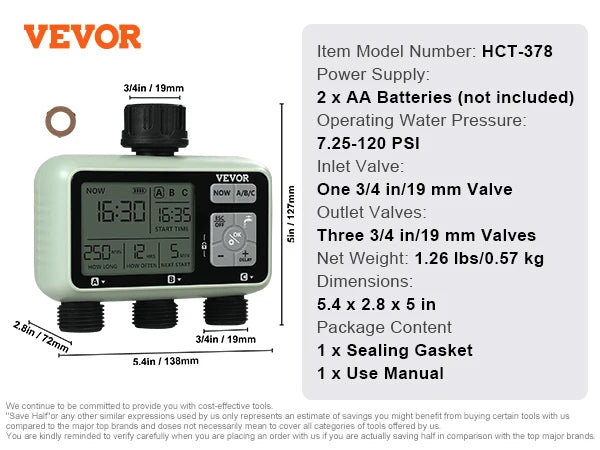 VEVOR Water Timer 3 Outlets Hose 3 Independent Watering Zone LCD Display Rain Delay Mode Manual Mode, Watering Sprinkler Timer