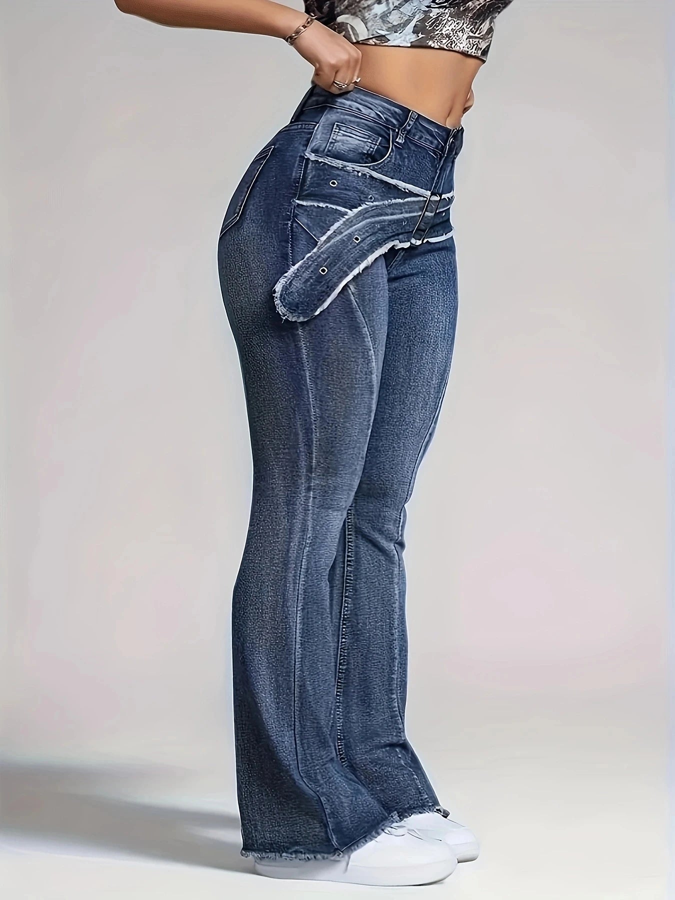 Women's retro blue fur edge fake waistband design with curved edge fashionable micro flared jeans