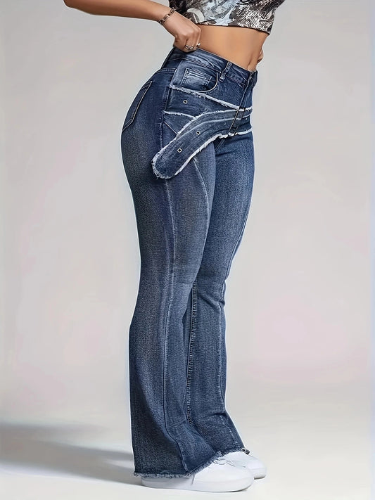 Women's retro blue fur edge fake waistband design with curved edge fashionable micro flared jeans