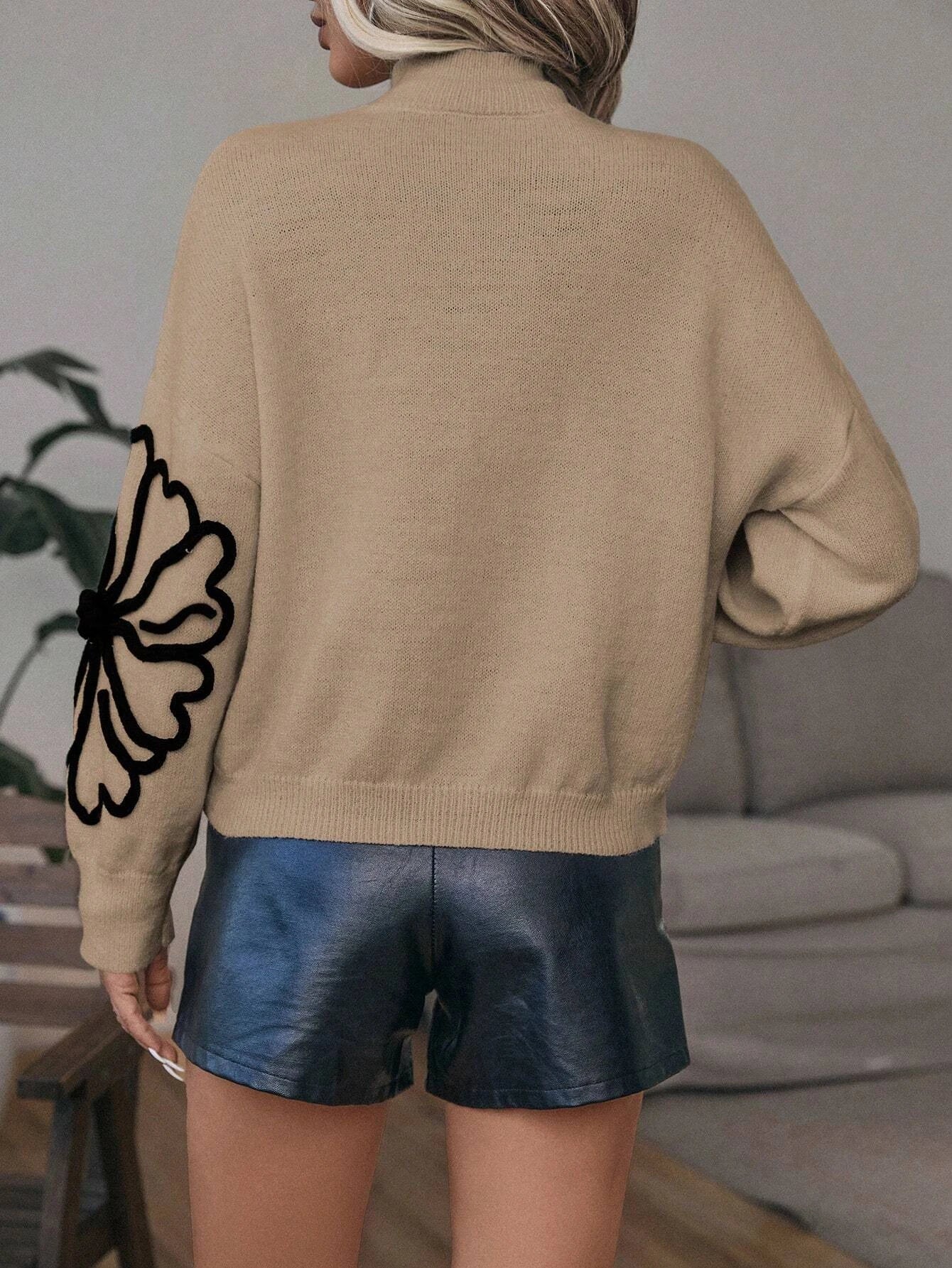 Women's Elegant Beige Butterfly Pattern Sweater - Soft Acrylic, Mock Neck, Long Sleeve, Loose Knit Pullover, Chic Casual Attire