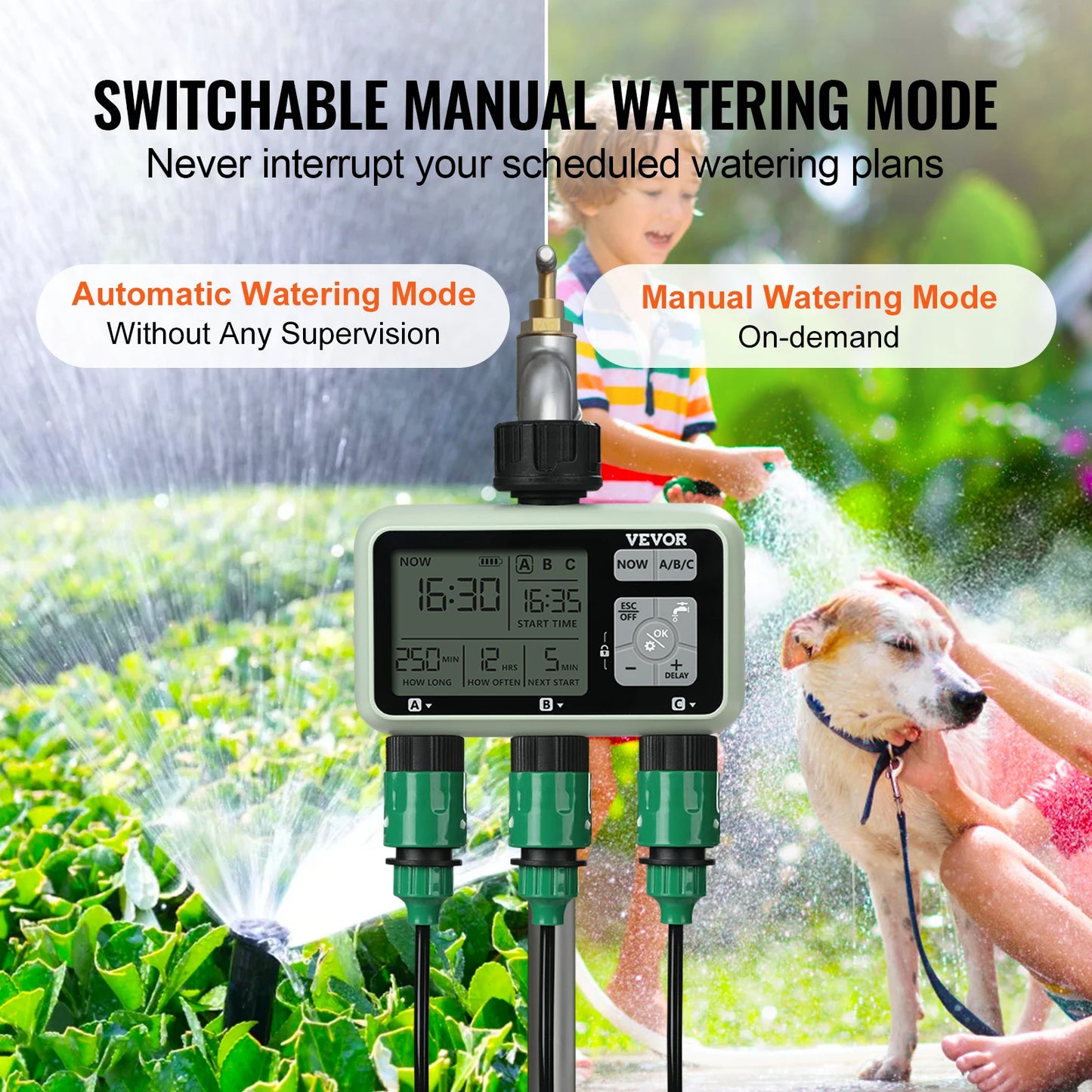 VEVOR Water Timer 3 Outlets Hose 3 Independent Watering Zone LCD Display Rain Delay Mode Manual Mode, Watering Sprinkler Timer