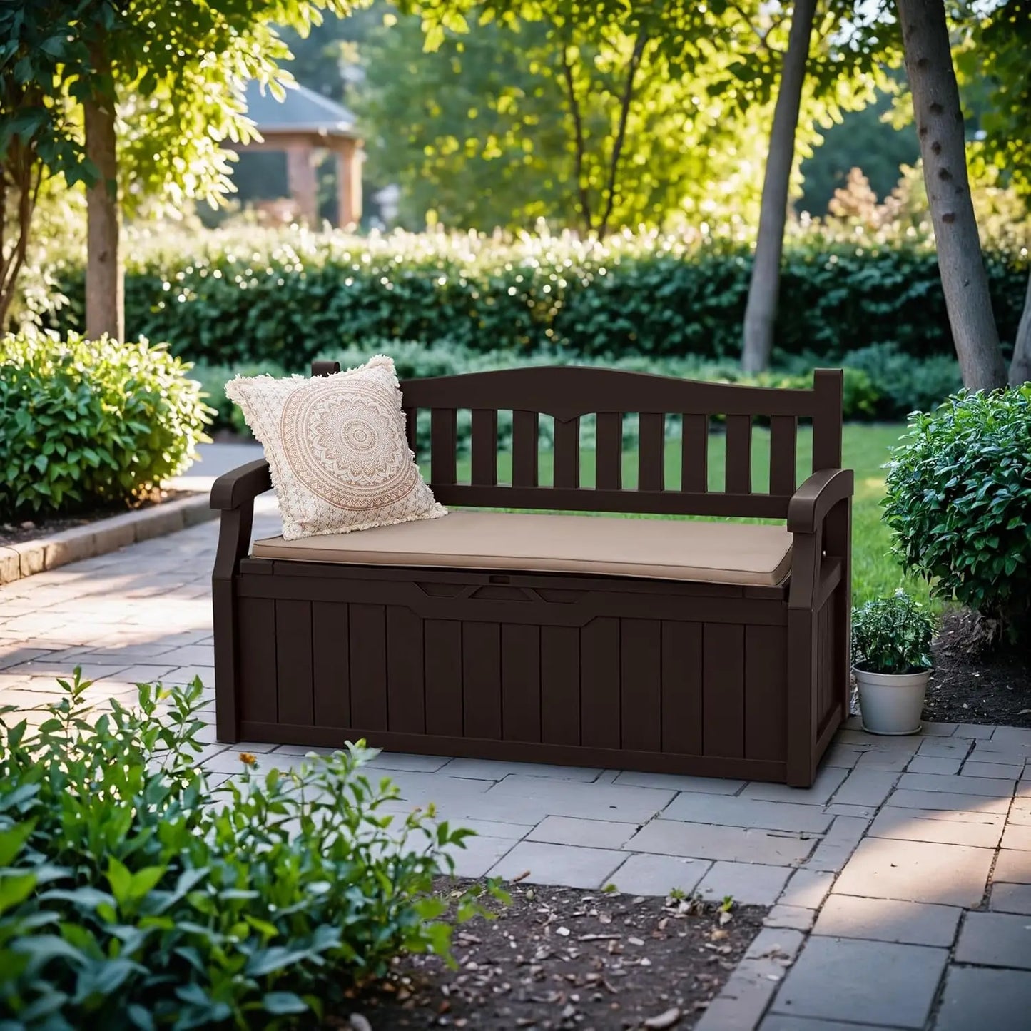 80 Gallon Storage Bench Deck Box Lockable for Patio Furniture, Garden Decor and Outdoor Seating for Cushions(Dark Brown)