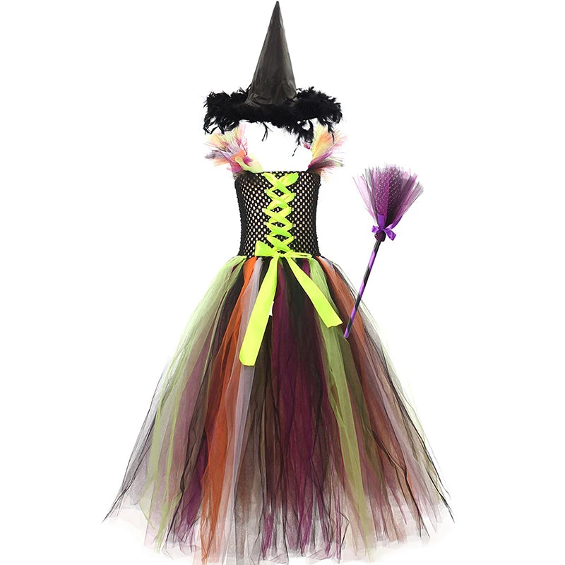 Kids Halloween Witch Costume Set with Tulle Dress Cross Tie Up Design Witch Hat and Broomstick for Cosplay Party