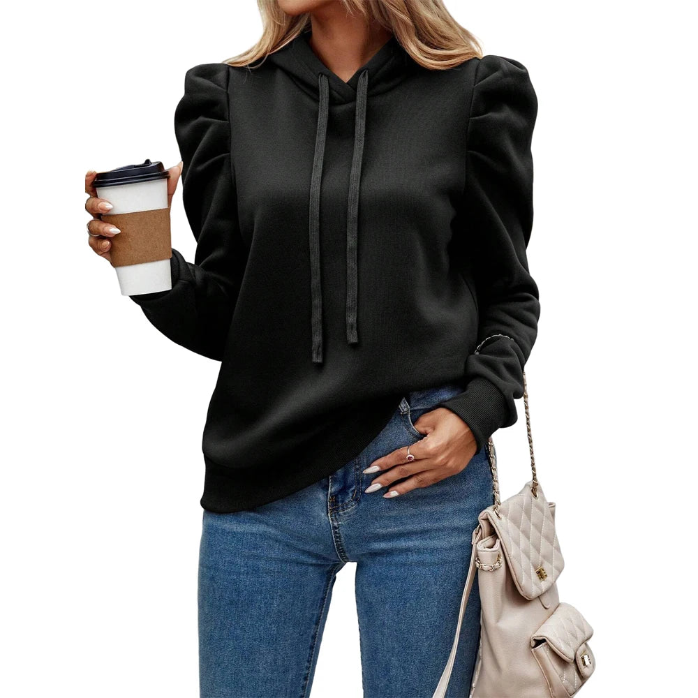 Women Casual Hoodies Long Ruffle Sleeve Solid Lightweight Pullover Tops Loose Sweatshirt with Drawstrings