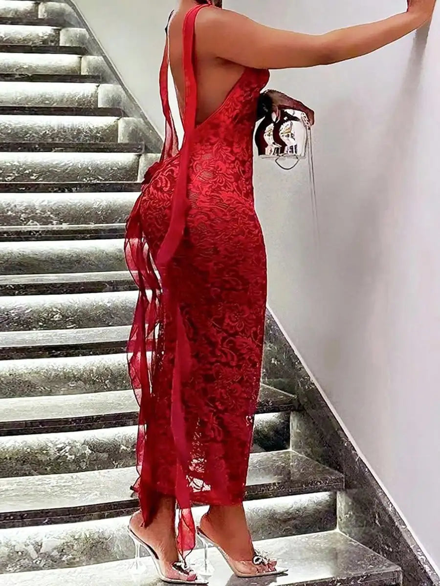 Red Lace Backless Maxi Dress with Spaghetti Straps and Sheer Detail, Sexy Party Wear