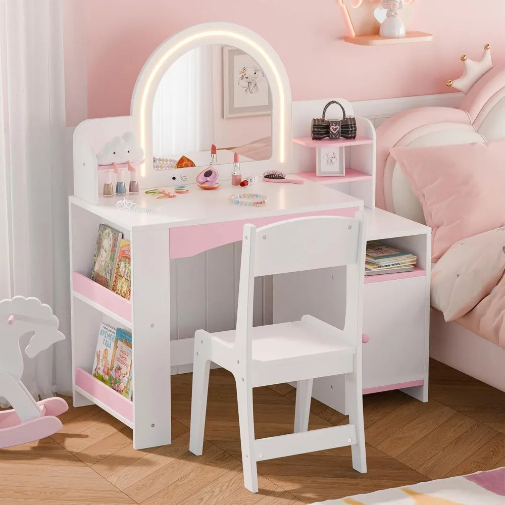 Princess Makeup Vanity Desk with Open Bookshelf Storage Cabinet and Shelves 2 in 1 Toddler Vanity Table White