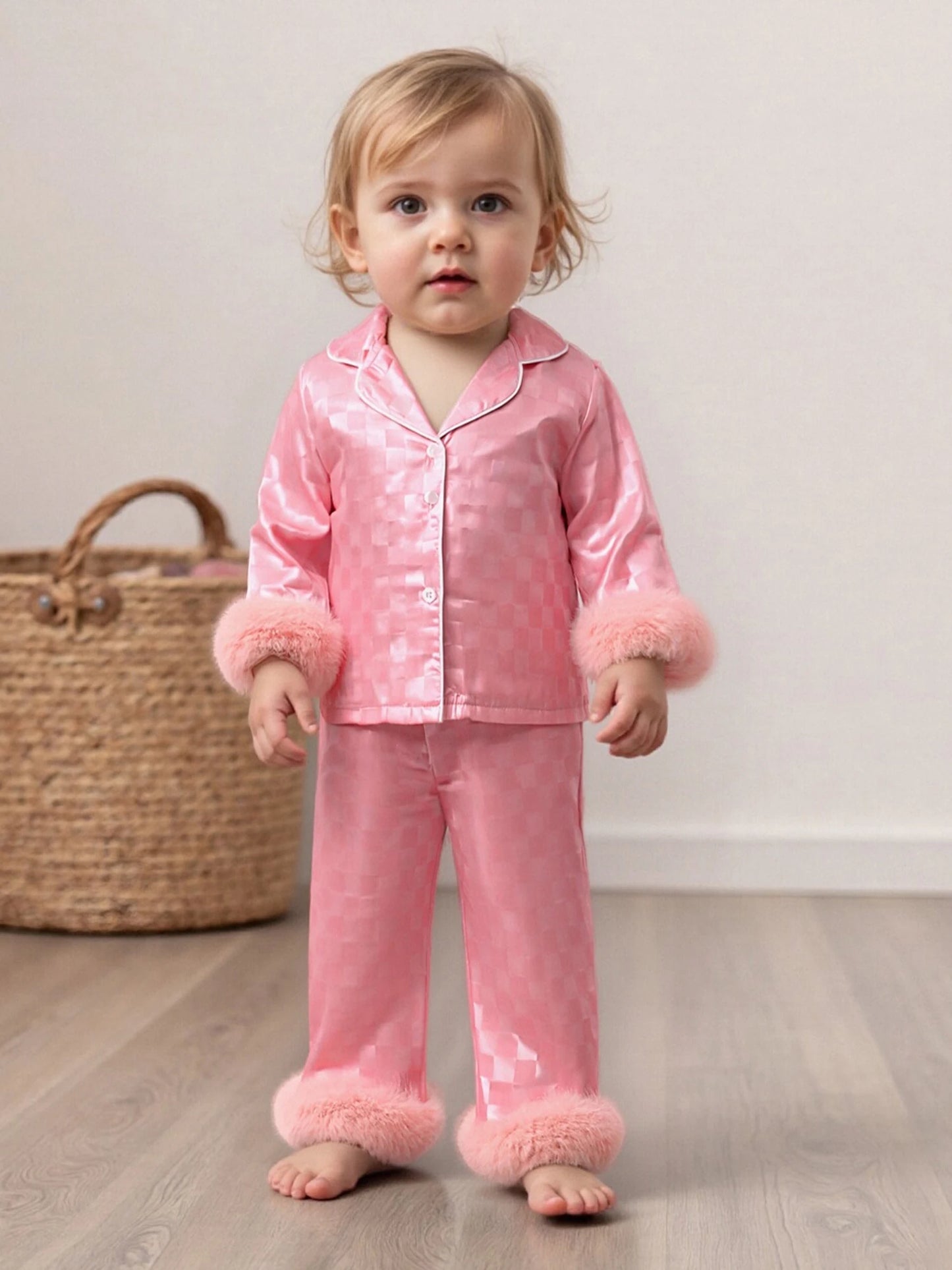 Adorable Infant Girls Checkered Pajama Outfits Stylishly Adorned with Faux Fur Lapel V-Neck Long Sleeve Blouses and Trousers