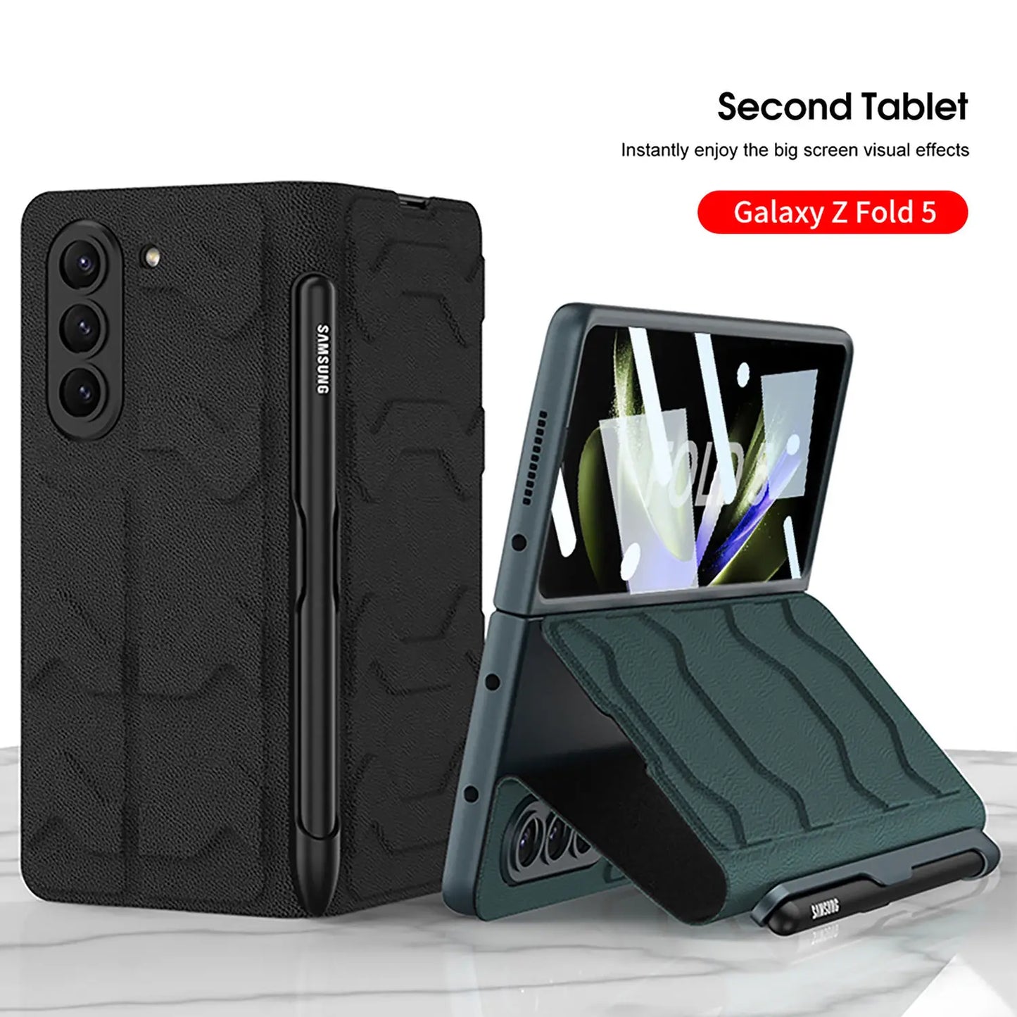 Clamshell Warrior Leather Case for Samsung Galaxy Z Fold 5 with Integrated Side Pen Slot Anti Fall Protection Cover
